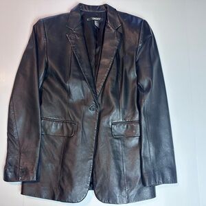 DKNY Black Leather Blazer Women’s Size 6 Tailored Jacket Genuine Leather